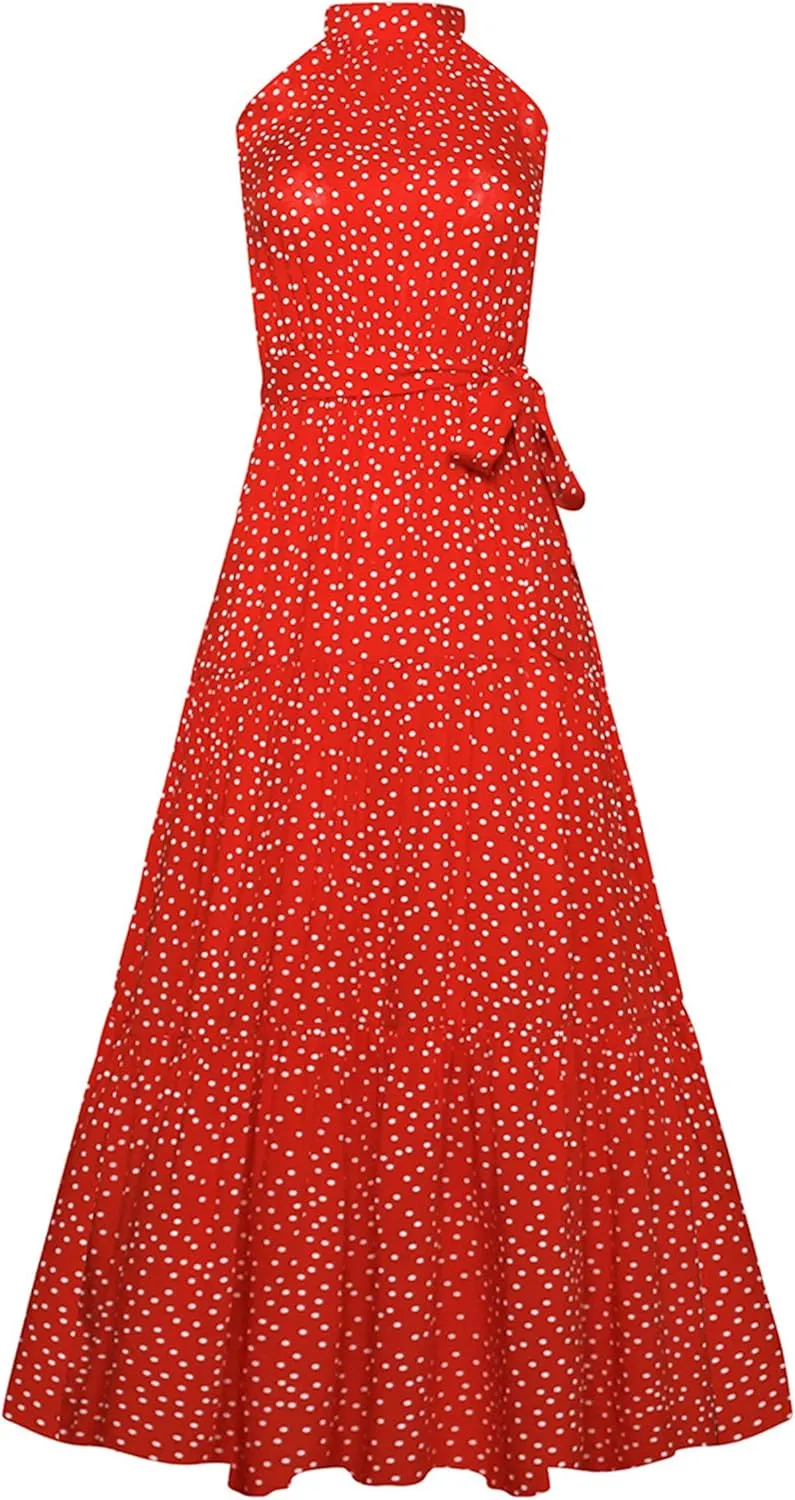 YMING Women's Summer Halter Neck Maxi Sun Dress Sleeveless Flowy Ruffle Hem Dress Long Dresses with Belt