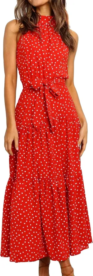 YMING Women's Summer Halter Neck Maxi Sun Dress Sleeveless Flowy Ruffle Hem Dress Long Dresses with Belt