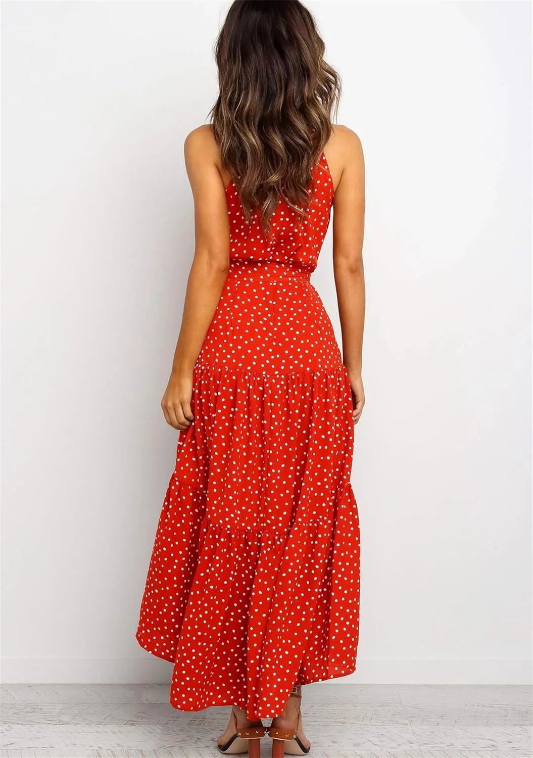 YMING Women's Summer Halter Neck Maxi Sun Dress Sleeveless Flowy Ruffle Hem Dress Long Dresses with Belt