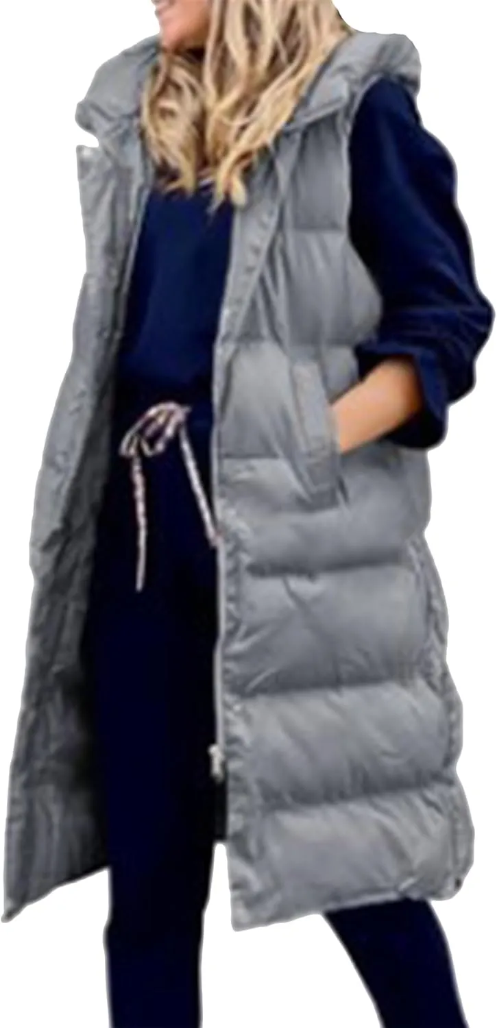YMING Womens Winter Long Puffer Vest Sleeveless Solid Color Vest Coats Puffy Jacket with Hood