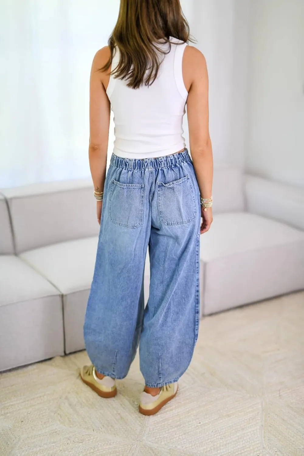 yoeasy Women's Wide Leg Baggy Jeans Elastic Drawstring Low Rise Barrel Jean Loose Boyfriend Denim Pants