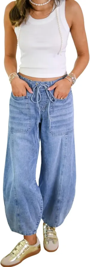 yoeasy Women's Wide Leg Baggy Jeans Elastic Drawstring Low Rise Barrel Jean Loose Boyfriend Denim Pants