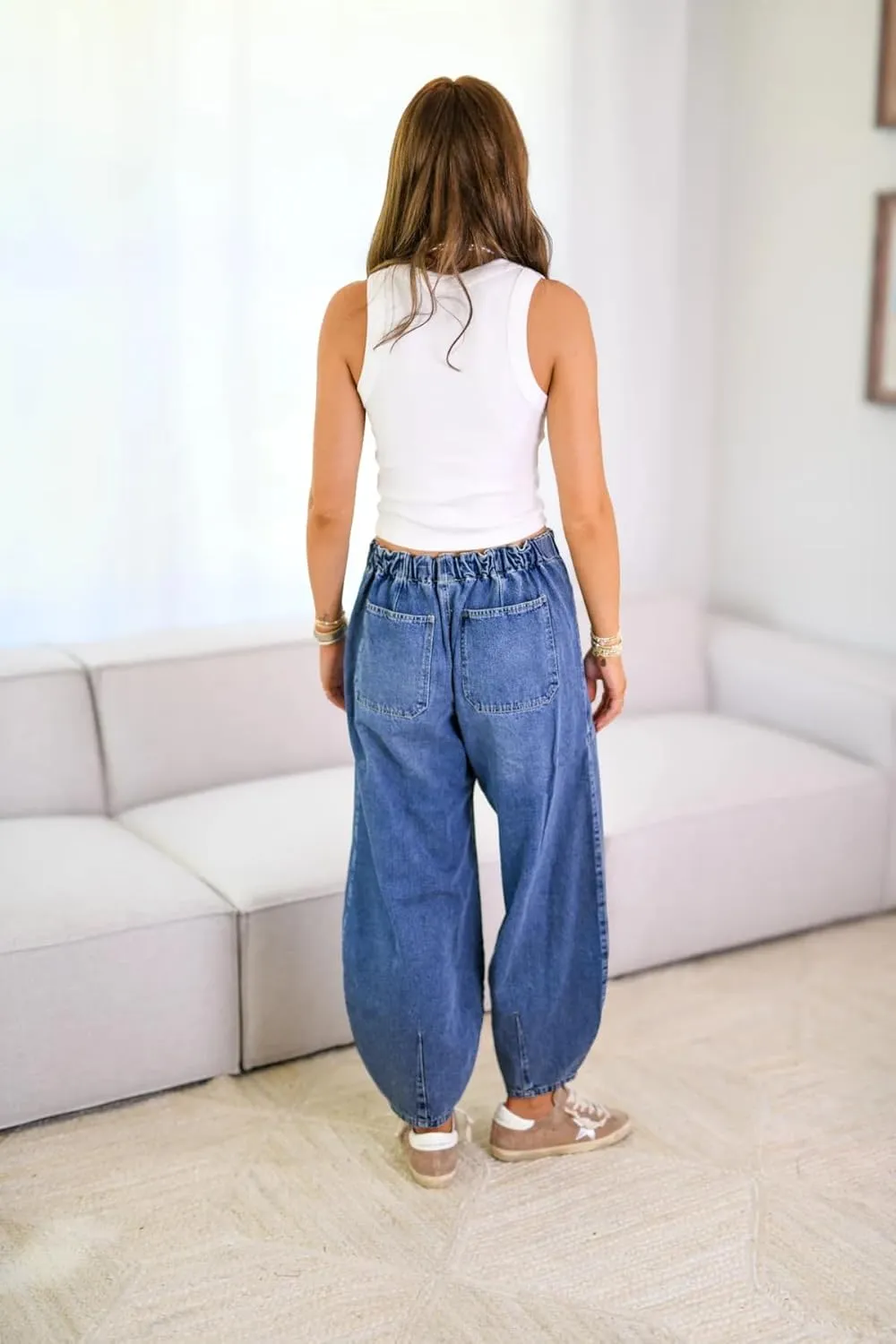 yoeasy Women's Wide Leg Baggy Jeans Elastic Drawstring Low Rise Barrel Jean Loose Boyfriend Denim Pants