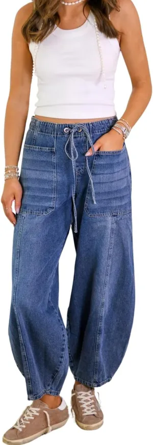 yoeasy Women's Wide Leg Baggy Jeans Elastic Drawstring Low Rise Barrel Jean Loose Boyfriend Denim Pants