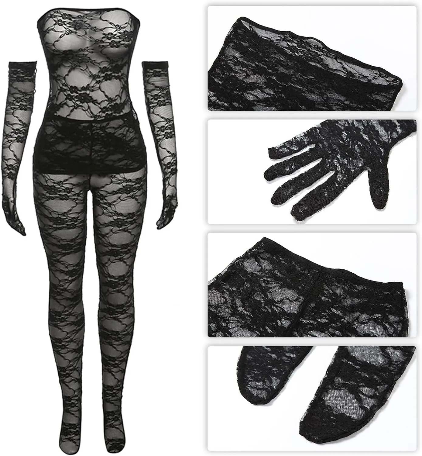 YOOTIKO Women Sexy 2 Piece Outfits Date Night Clubwear Strapless Lace Dress Mesh Top Leggings Set