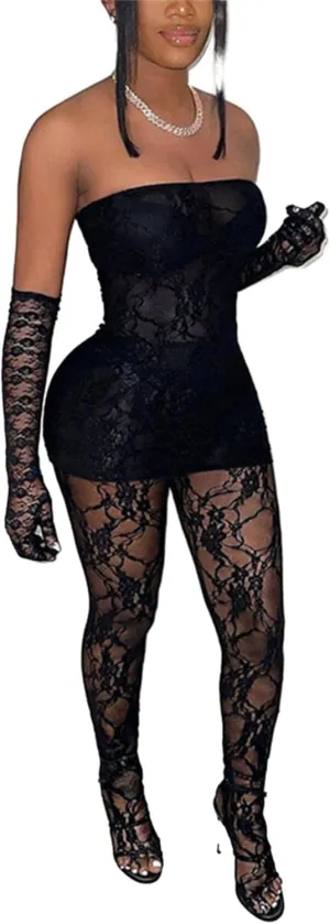 YOOTIKO Women Sexy 2 Piece Outfits Date Night Clubwear Strapless Lace Dress Mesh Top Leggings Set