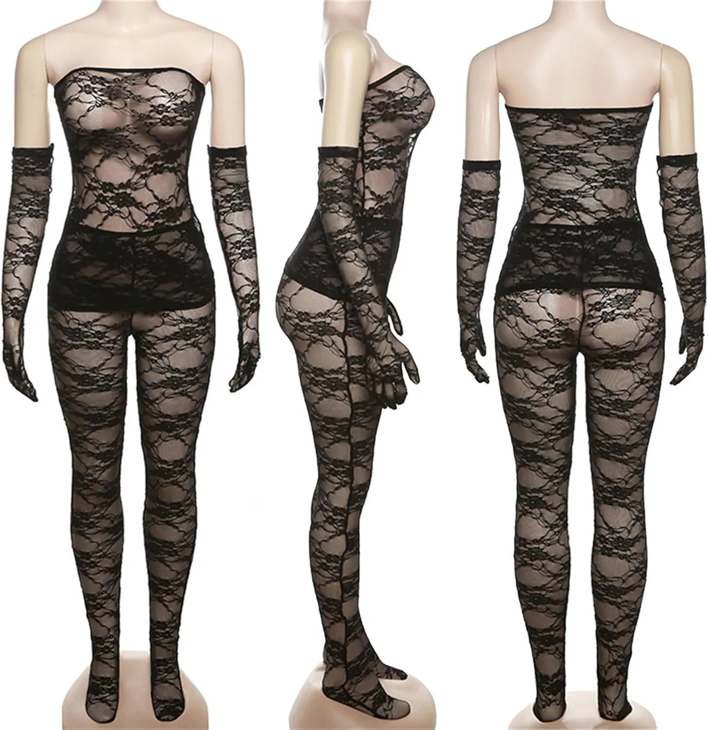 YOOTIKO Women Sexy 2 Piece Outfits Date Night Clubwear Strapless Lace Dress Mesh Top Leggings Set