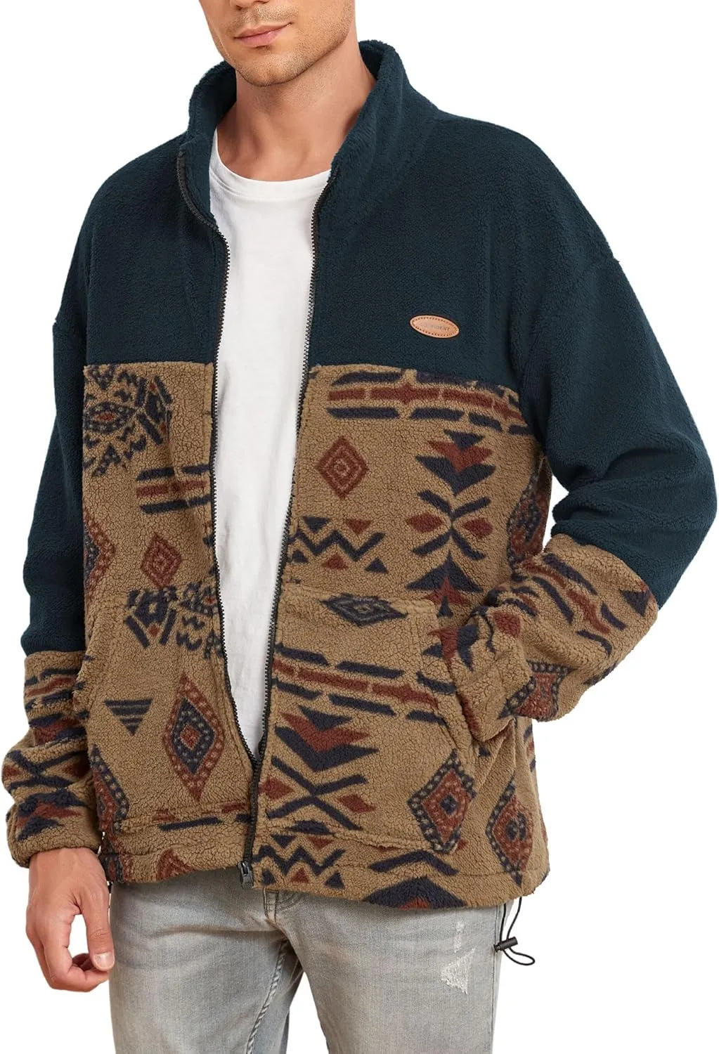 ZAFUL Men Ethnic Aztec Printed Fluffy Fuzzy Jacket Plush Fleece Casual Stand Collar Zip Outwear Cardigan Coat with Pockets