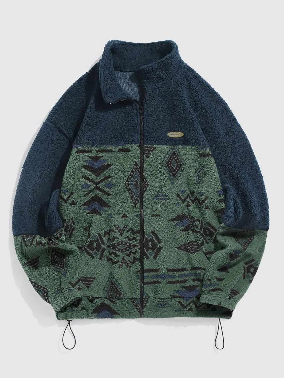 ZAFUL Men Ethnic Aztec Printed Fluffy Fuzzy Jacket Plush Fleece Casual Stand Collar Zip Outwear Cardigan Coat with Pockets