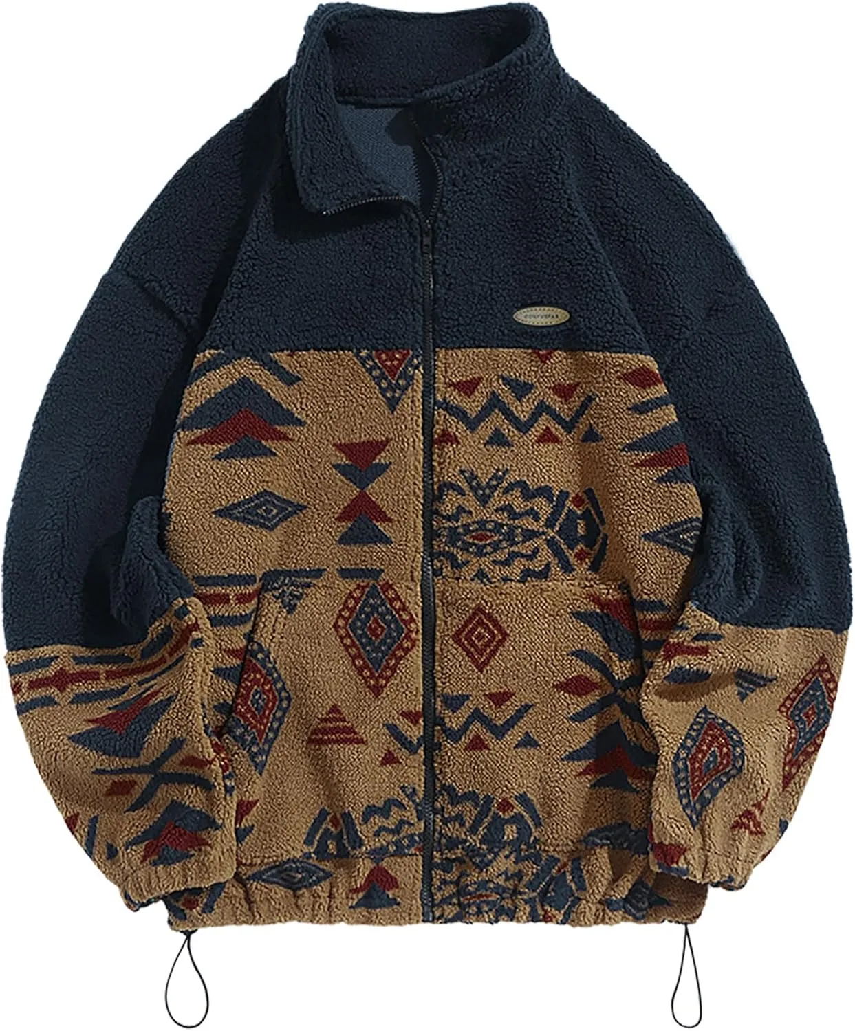ZAFUL Men Ethnic Aztec Printed Fluffy Fuzzy Jacket Plush Fleece Casual Stand Collar Zip Outwear Cardigan Coat with Pockets