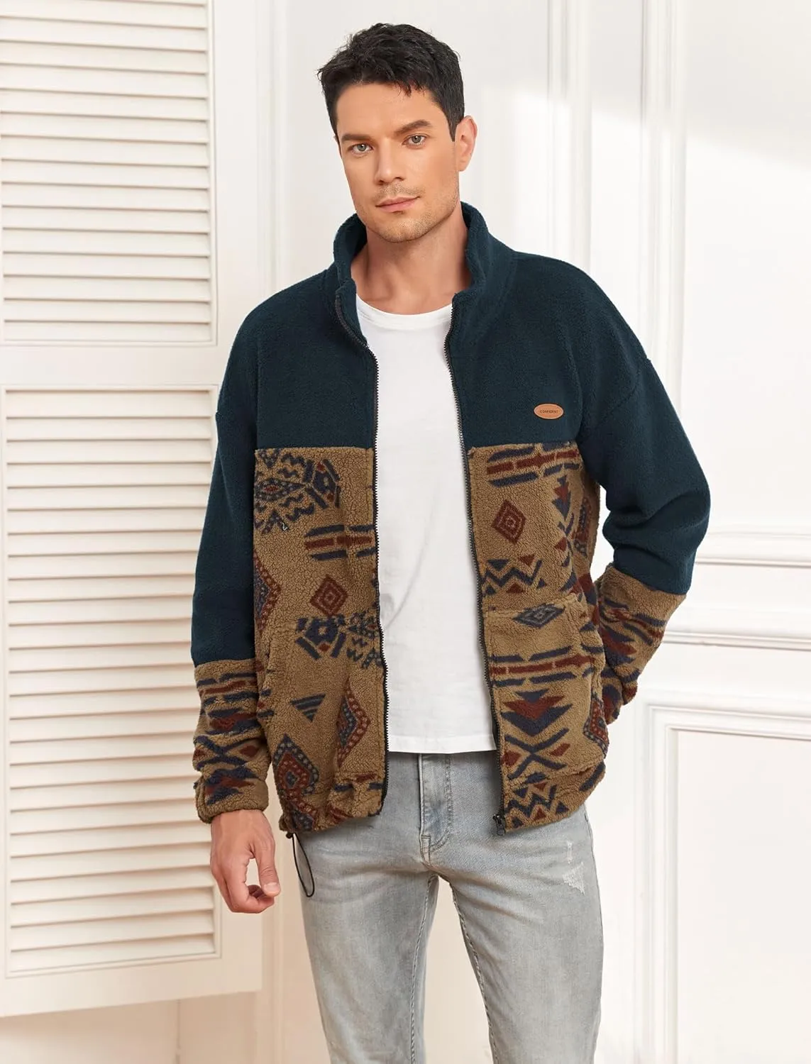 ZAFUL Men Ethnic Aztec Printed Fluffy Fuzzy Jacket Plush Fleece Casual Stand Collar Zip Outwear Cardigan Coat with Pockets