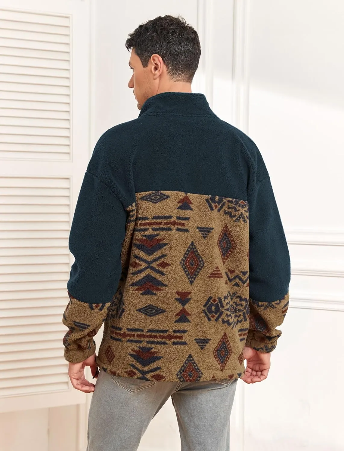 ZAFUL Men Ethnic Aztec Printed Fluffy Fuzzy Jacket Plush Fleece Casual Stand Collar Zip Outwear Cardigan Coat with Pockets
