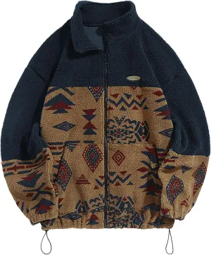 ZAFUL Men Ethnic Aztec Printed Fluffy Fuzzy Jacket Plush Fleece Casual Stand Collar Zip Outwear Cardigan Coat with Pockets