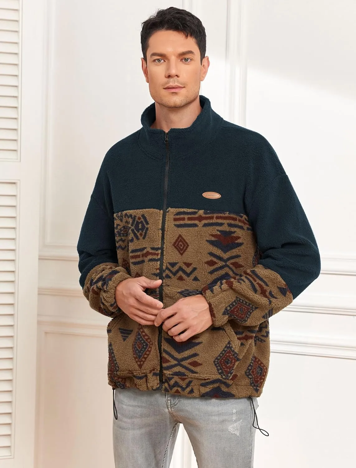 ZAFUL Men Ethnic Aztec Printed Fluffy Fuzzy Jacket Plush Fleece Casual Stand Collar Zip Outwear Cardigan Coat with Pockets