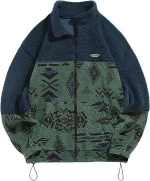 ZAFUL Men Ethnic Aztec Printed Fluffy Fuzzy Jacket Plush Fleece Casual Stand Collar Zip Outwear Cardigan Coat with Pockets