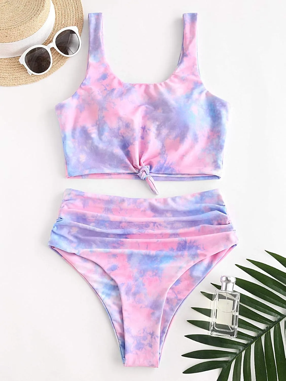 ZAFUL Women's High Waisted Tankini Swimsuit Scoop Neck Ruched Bikini Set Tummy Control Knot Two Pieces Bathing Suit