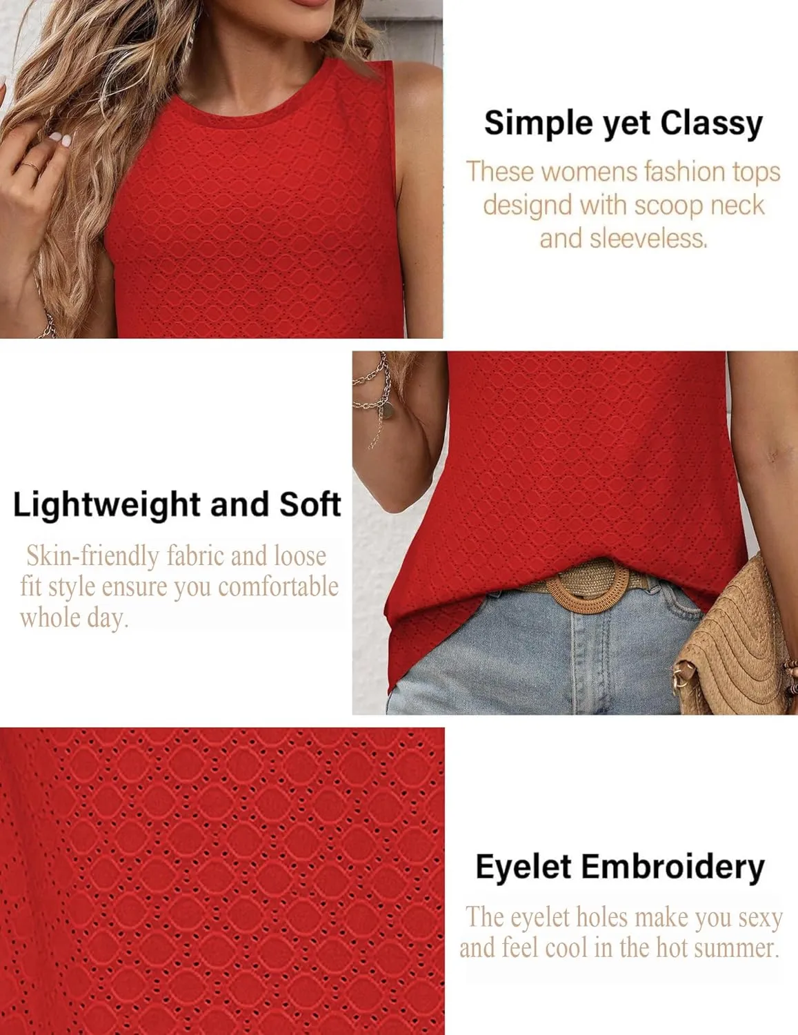 Zeagoo Tank Tops for Women Sleeveless Eyelet Shirts High Neck Cute Summer Top Loose Fit S-XXL