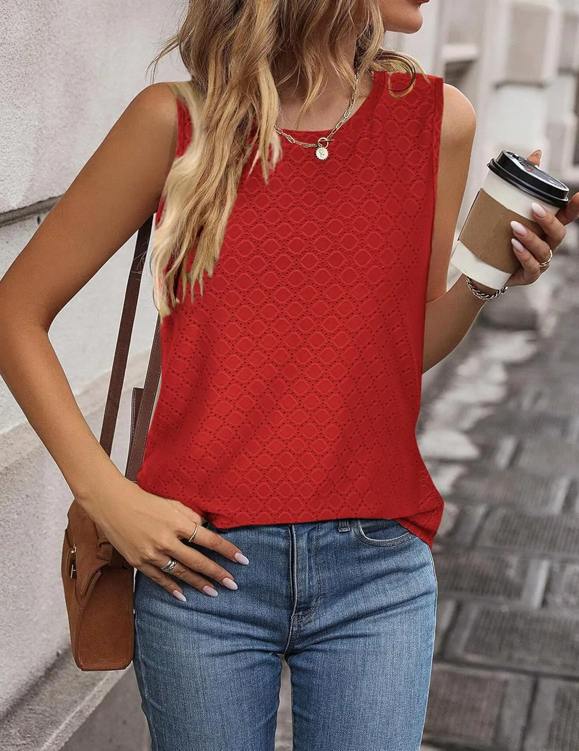 Zeagoo Tank Tops for Women Sleeveless Eyelet Shirts High Neck Cute Summer Top Loose Fit S-XXL