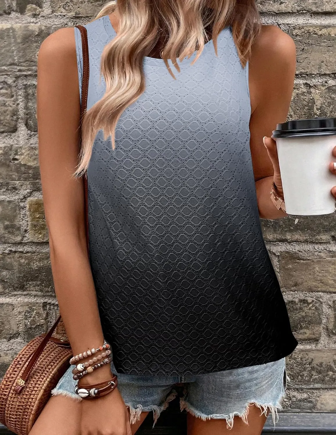 Zeagoo Tank Tops for Women Sleeveless Eyelet Shirts High Neck Cute Summer Top Loose Fit S-XXL