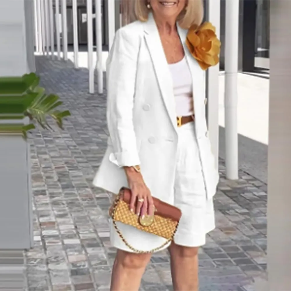 ZOCAVIA Womens Blazer Shorts Set Suit Set 2 Piece Dressy Short Sets Solid Open Front Long Sleeve Suit Jackets and Short Pants
