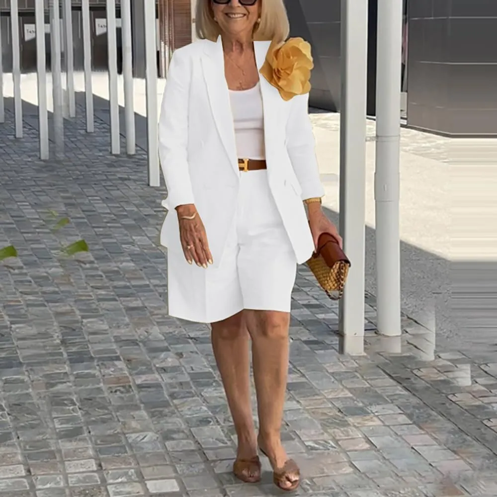 ZOCAVIA Womens Blazer Shorts Set Suit Set 2 Piece Dressy Short Sets Solid Open Front Long Sleeve Suit Jackets and Short Pants