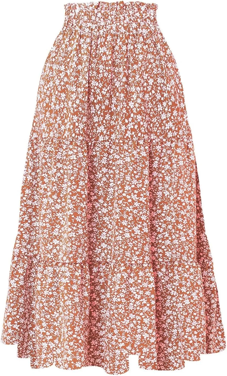ZYXTIM Women's 2025 Bohemian Long Skirts Tiered Elastic High Waisted Summer Floral Maxi Skirt Vacation Flowy Swing Sundress